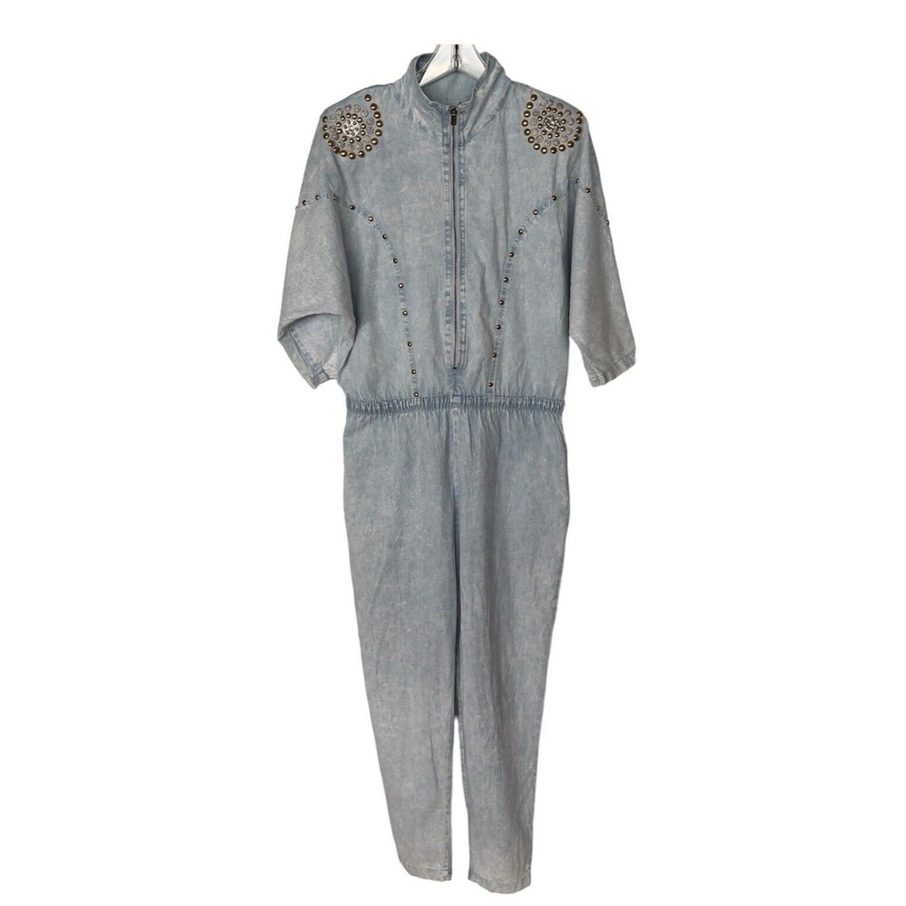 Vtg Rio Inc Trademark Jeweled Denim Acid Romper Jumpsuit Made In USA Women L EUC